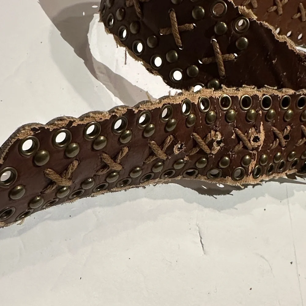 Weathered Brown faux Leather Belt with Brass Accents 29-33”